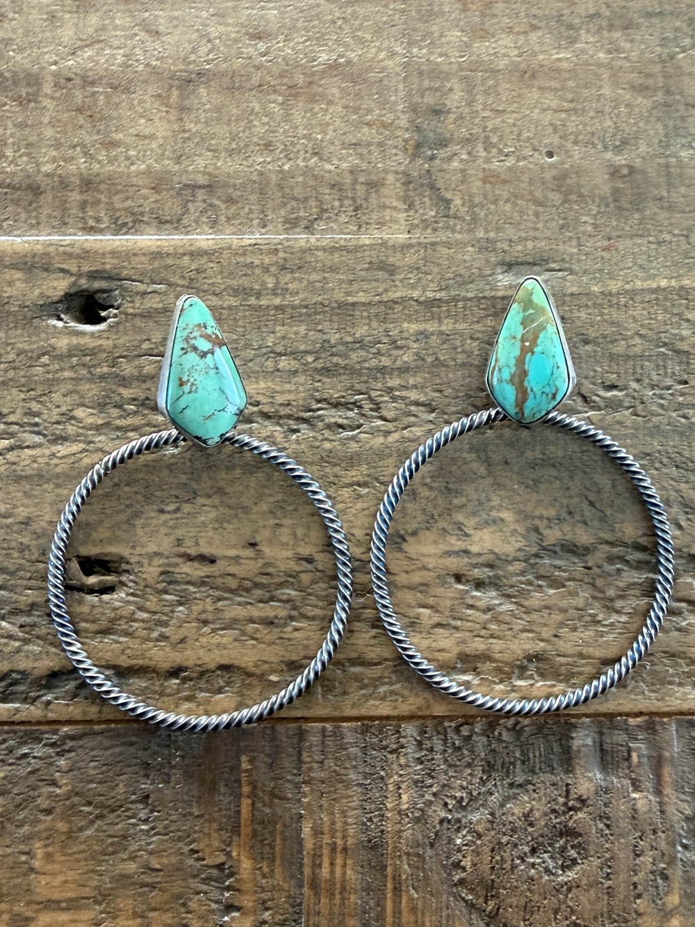 Native Navajo Handmade Verley Betone Turquoise Sterling Silver Hoop Earrings